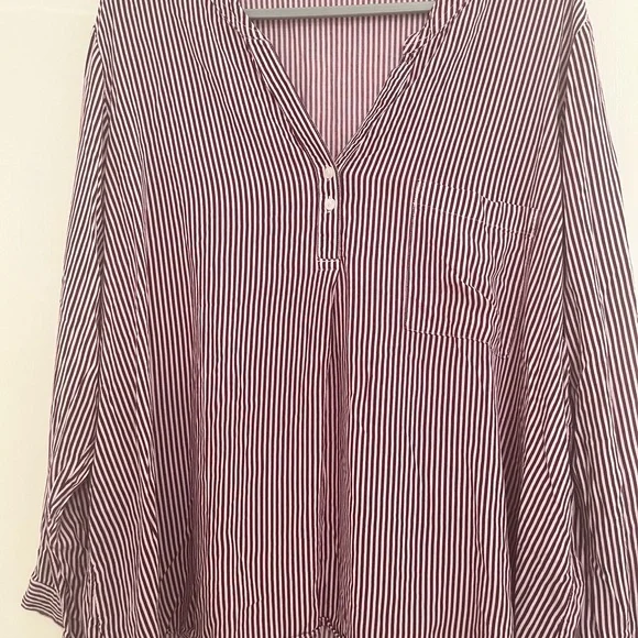 MARKS & SPENCER Womens Top Blouse Striped Red White Burgundy Cuffed Pocket - Picture 8 of 8